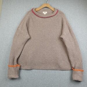 Maeve Anthropologie Sweater XL Beige Knit Crew Neck Orange Pink Trim Oversized
